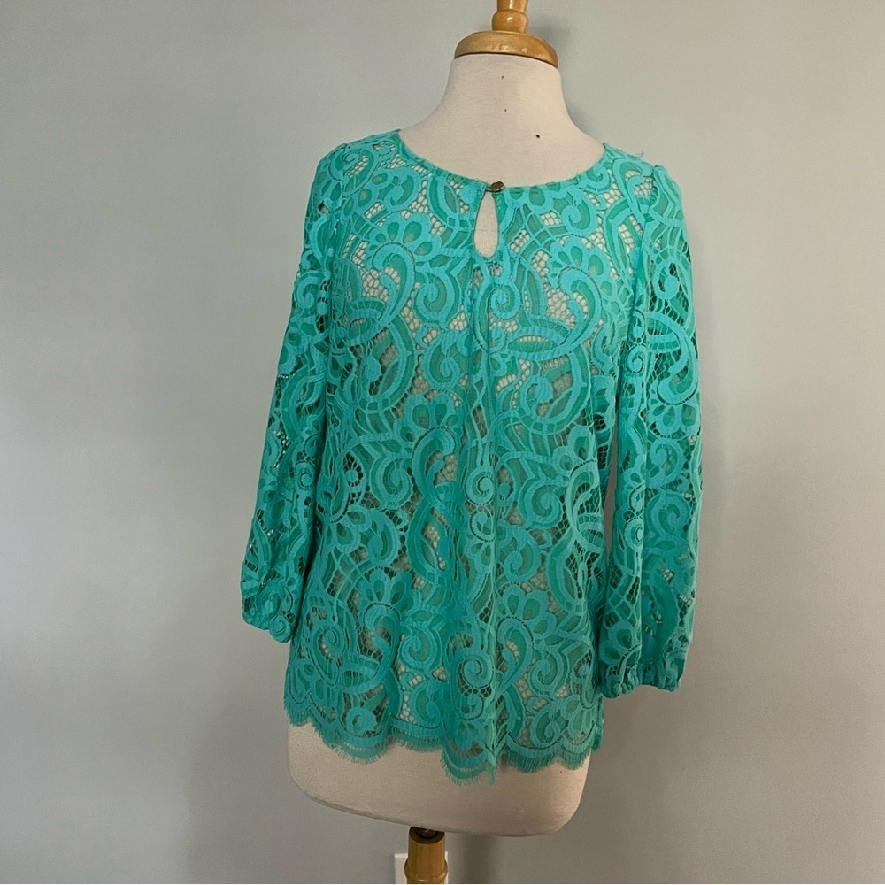 Lilly Pulitzer Turquoise Teal Eyelet Longsleeve Blouse Top Size S